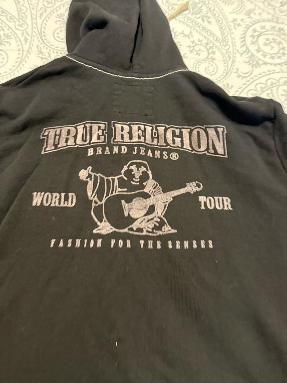True Religion Black Zip Front Hoodie with Cream Drawstring - Picture 2 of 8